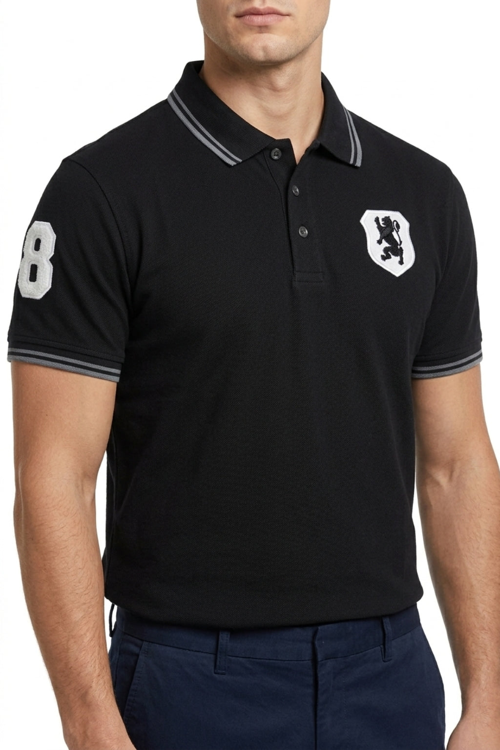 Embroidered Lion Piqué Polo – Black