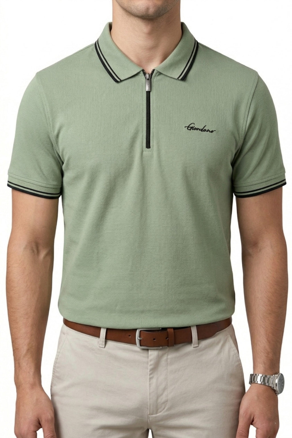 Premium Zip Polo Shirt – Olive Green