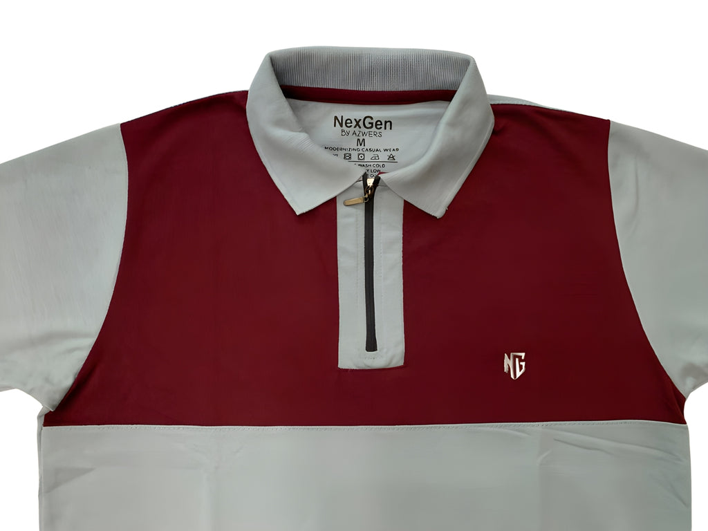 NextGen Contrast Zip Polo – Maroon & Light Grey