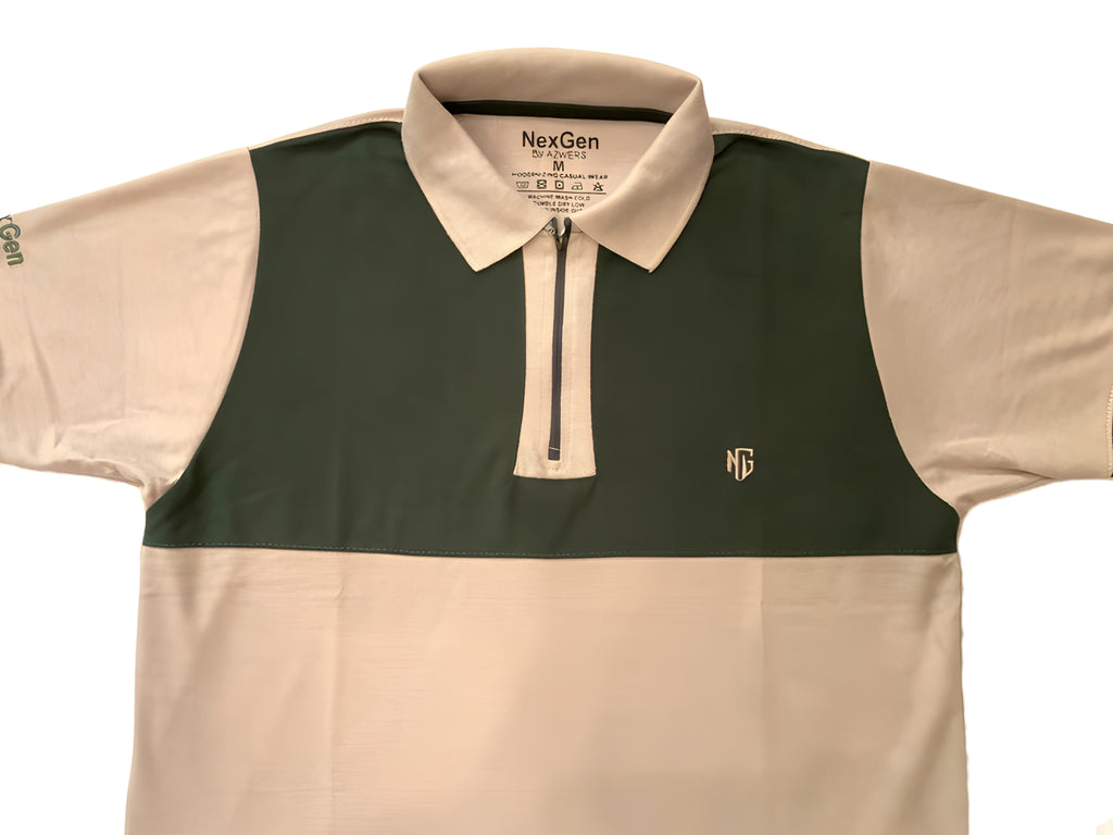 NextGen Contrast Zip Polo – Olive Green & Beige