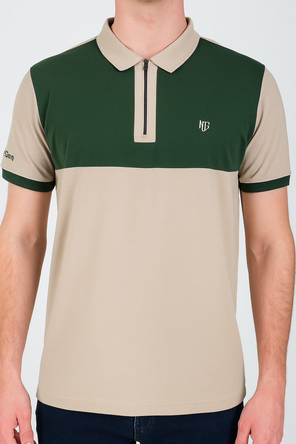 NextGen Contrast Zip Polo – Olive Green & Beige