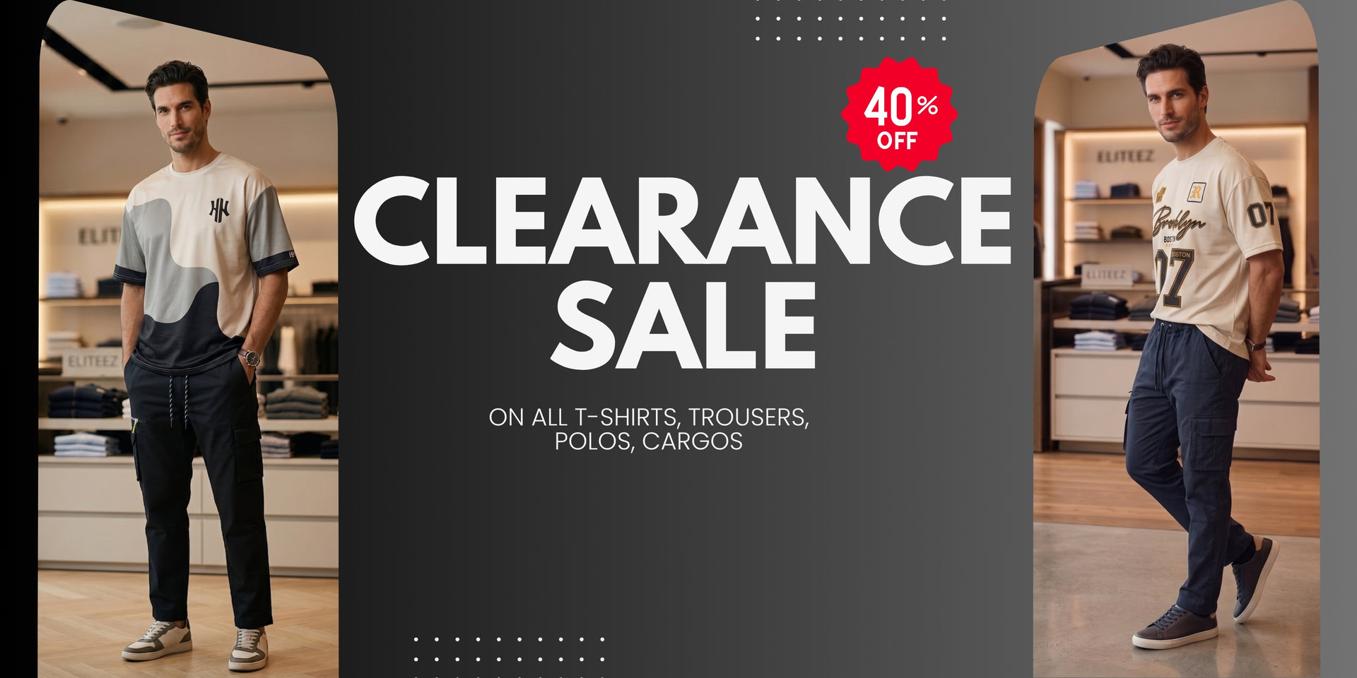 Summer sale 40% off on men's t-shirts, trousers, polos, and cargos at Eliteez.