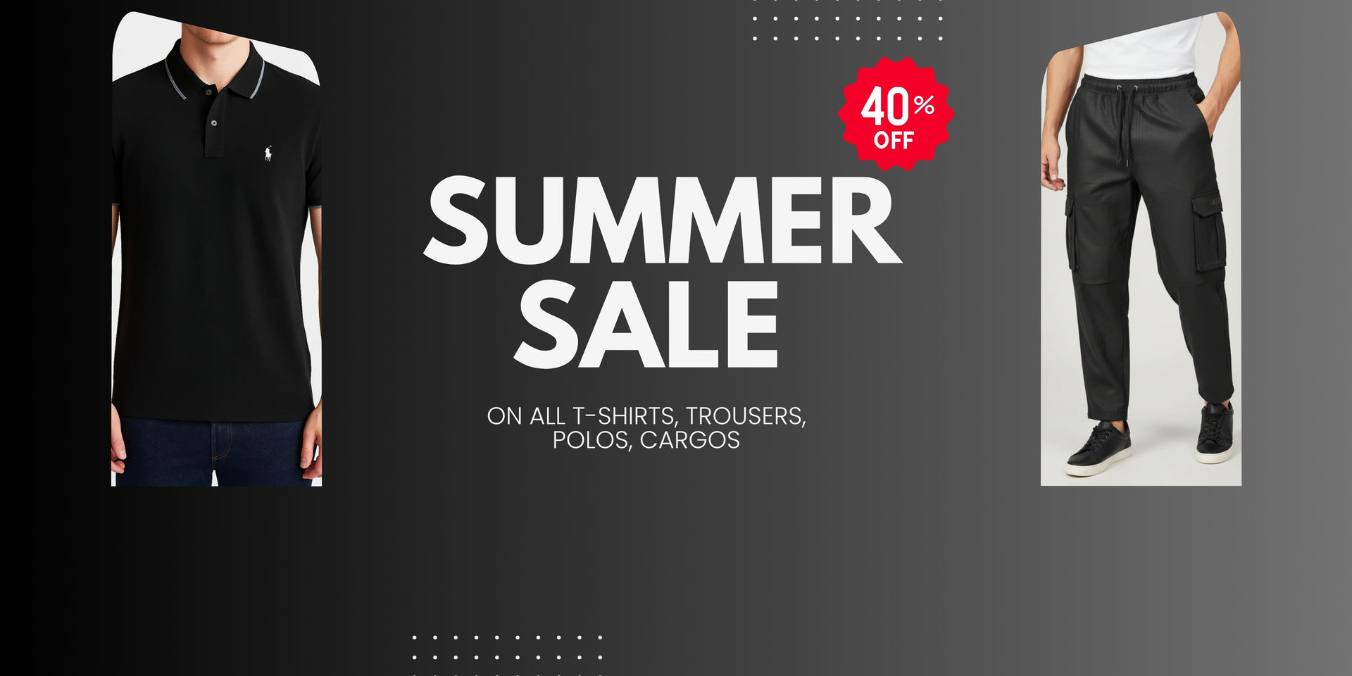 Summer sale 40% off on men's t-shirts, trousers, polos, and cargos at Eliteez.
