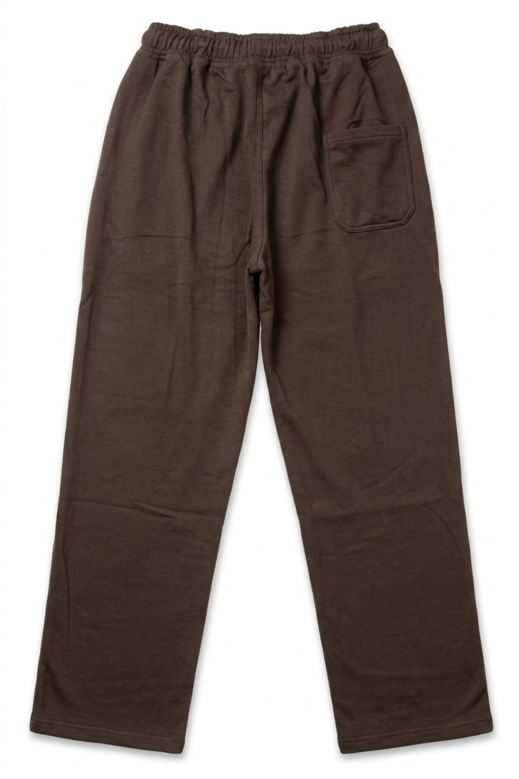 Back-view flat lay of dark brown men's lounge trousers featuring a single rear pocket and relaxed wide-leg silhouette.