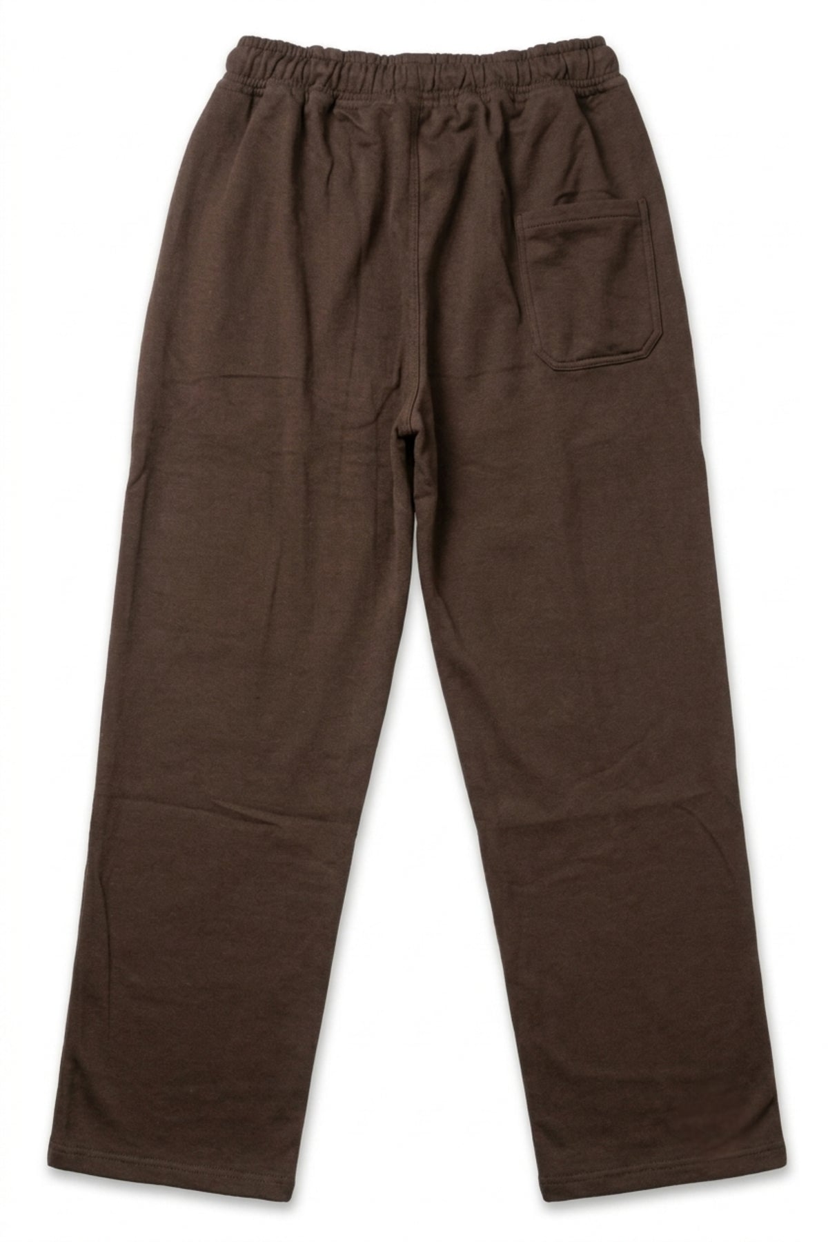 Back-view flat lay of dark brown men's lounge trousers featuring a single rear pocket and relaxed wide-leg silhouette.