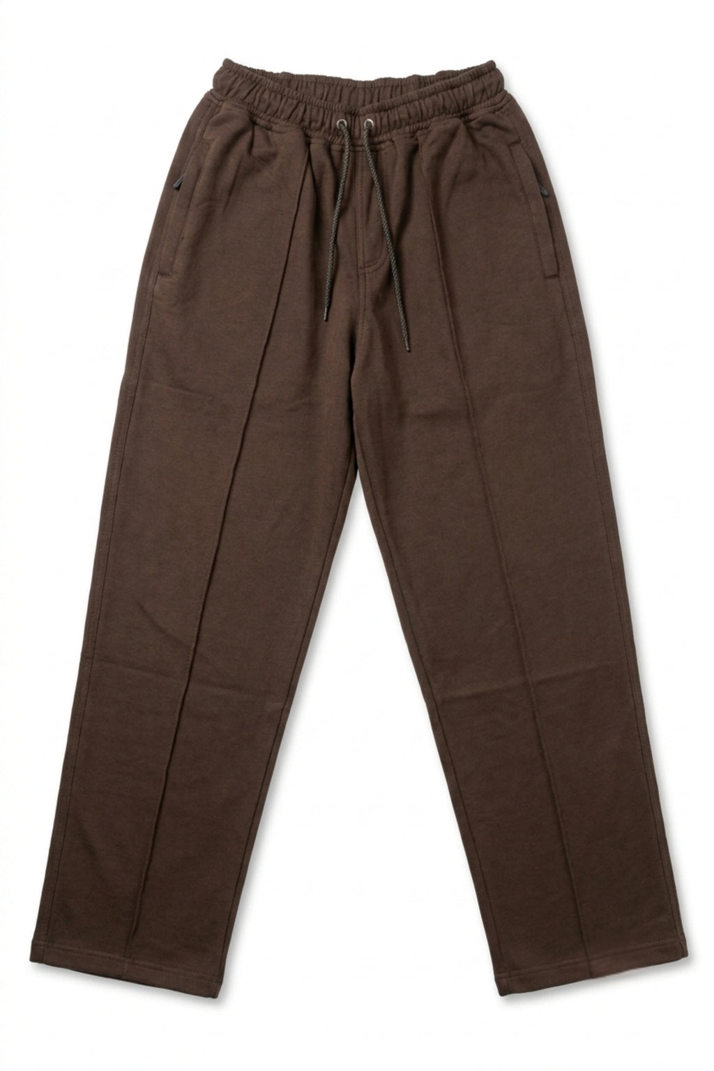 Full-length flat lay product shot of dark brown men's lightweight terry trousers with elastic waistband and center leg seam detail.