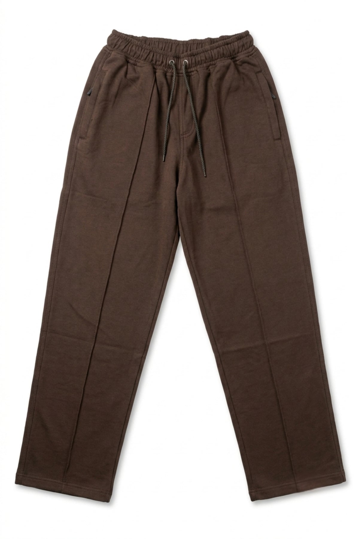 Full-length flat lay product shot of dark brown men's lightweight terry trousers with elastic waistband and center leg seam detail.