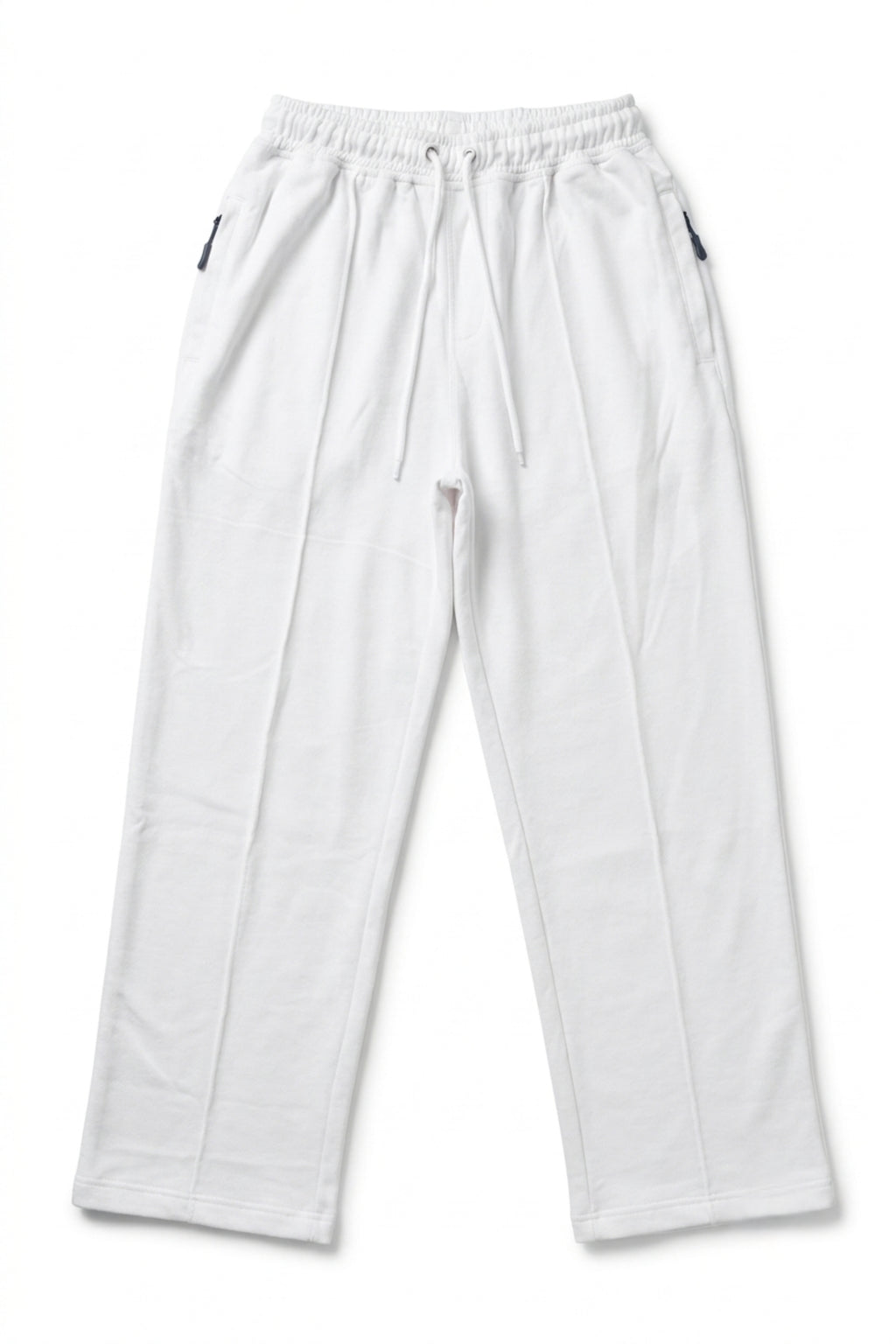 Classic Lounge Lightweight Terry Trousers in Optic White laid flat, showcasing the wide-leg baggy fit, elasticated drawstring waistband, and zippered side pockets.