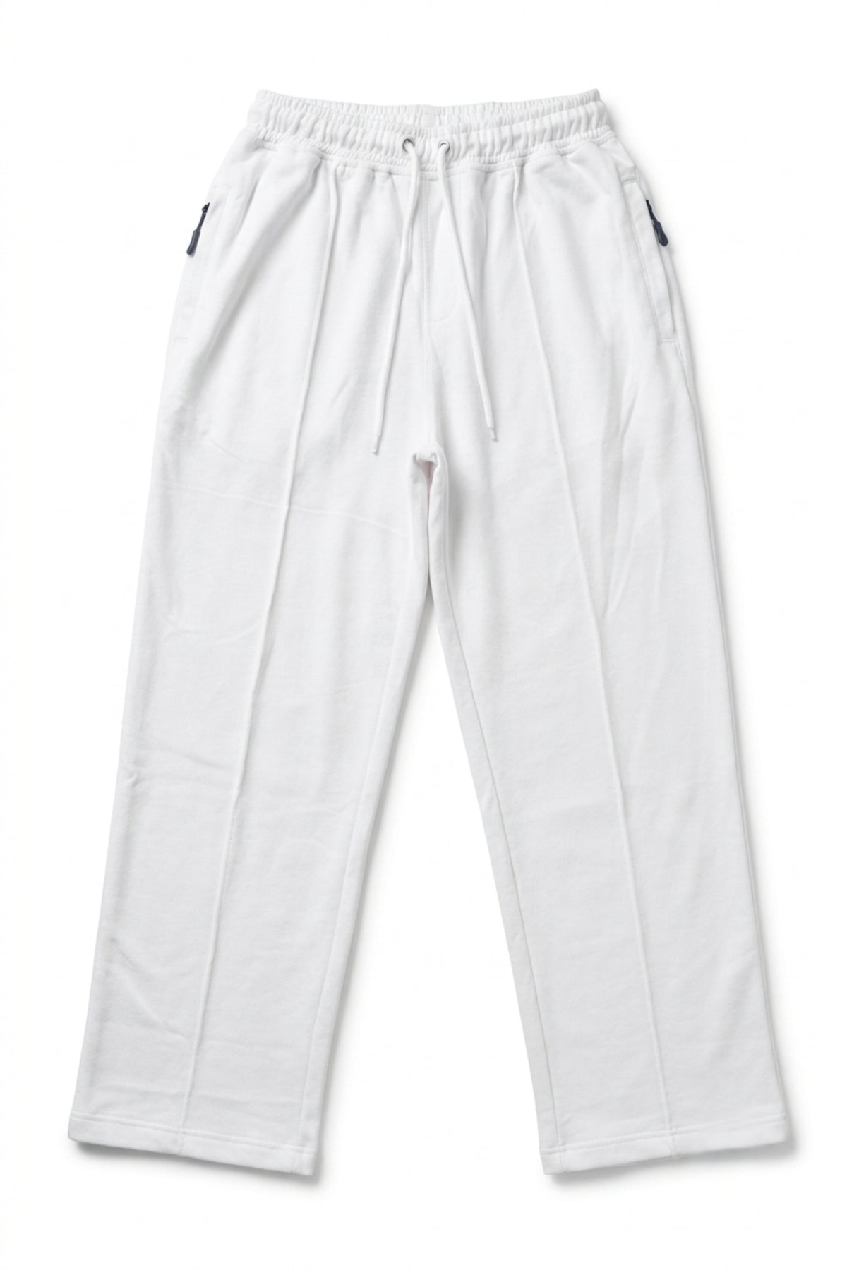 Classic Lounge Lightweight Terry Trousers in Optic White laid flat, showcasing the wide-leg baggy fit, elasticated drawstring waistband, and zippered side pockets.