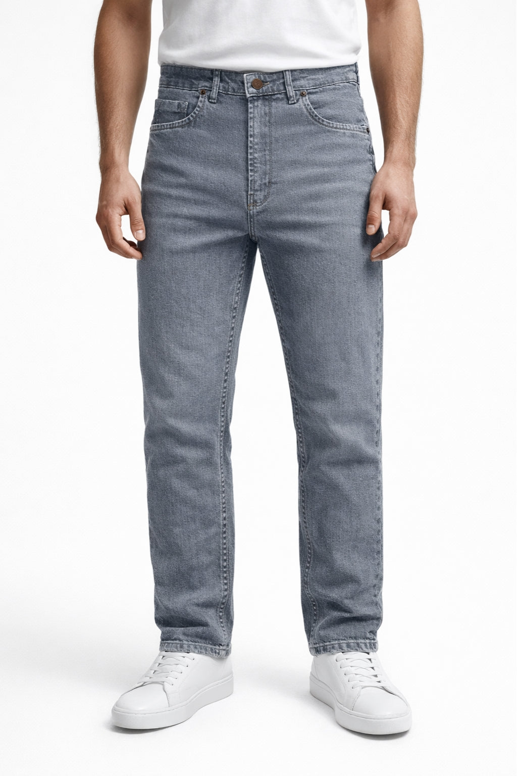 Men Classic Prime Gray Denim Jeans Straight Fit Front Model by Eliteez Pakistan