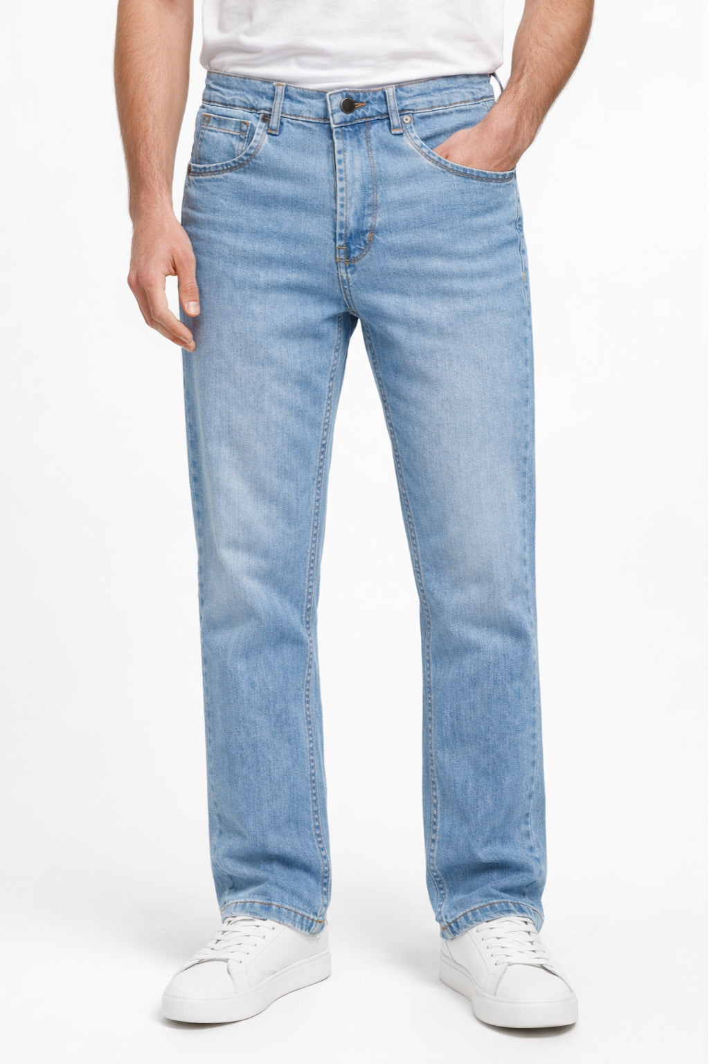 Men Classic Prime Light Blue Denim Jeans Straight Fit Front Model by Eliteez Pakistan