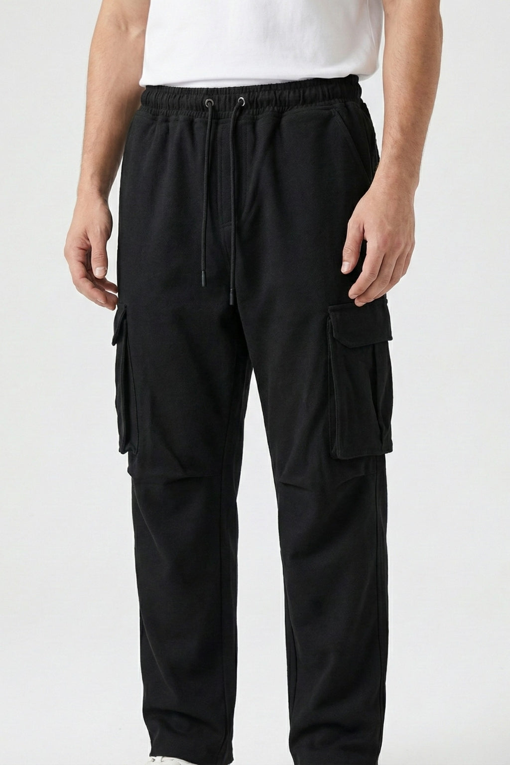 Eliteez Baggy Cargo Jogger in Black, front view on model