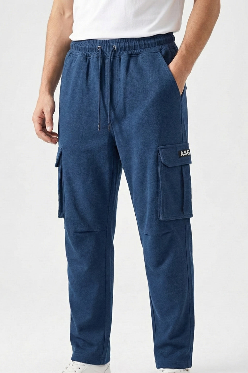 Eliteez Baggy Cargo Jogger in Blue, front view on model
