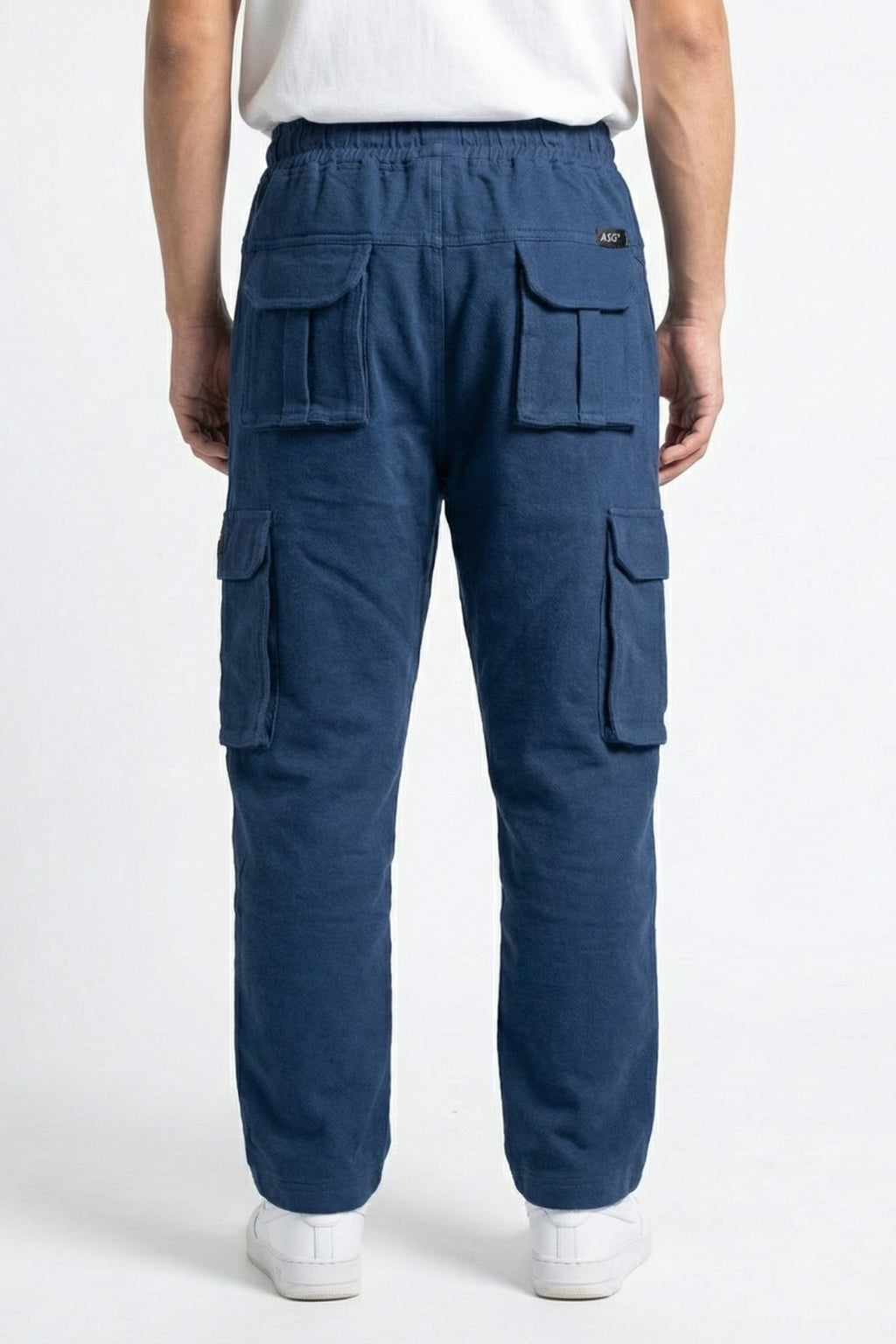 Eliteez Baggy Cargo Jogger in Blue, side view on model