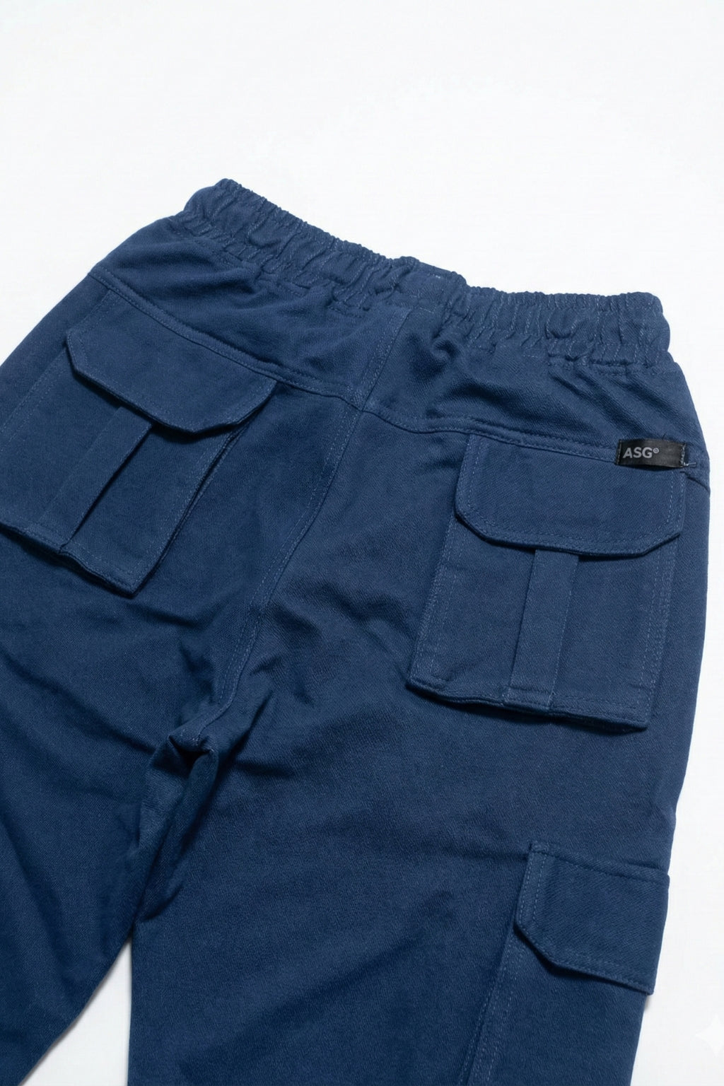 Close-up of drawstring waistband on Eliteez Baggy Cargo Jogger Blue