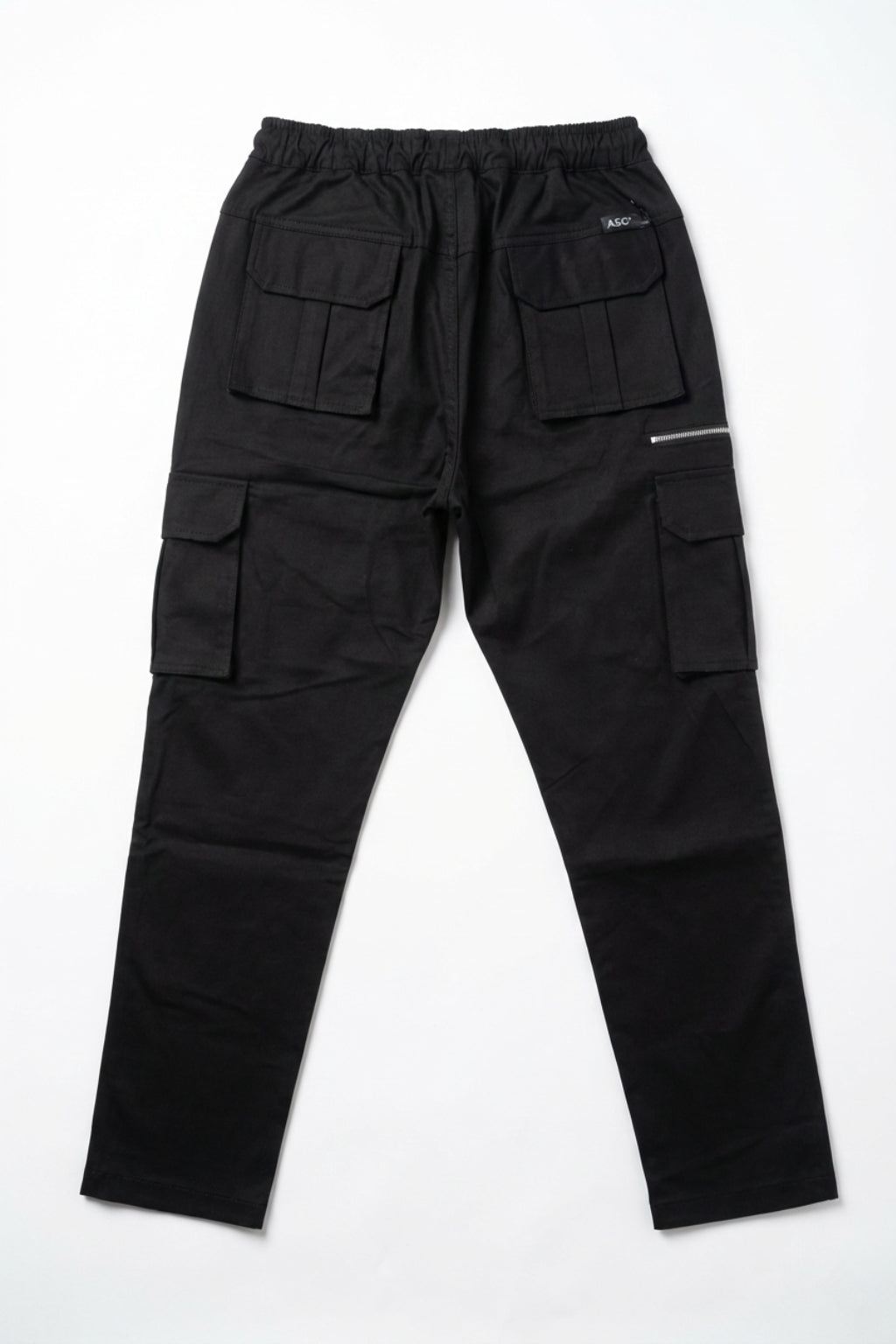 Rear flat lay of Eliteez Black cotton blend stretch cargo pants.
