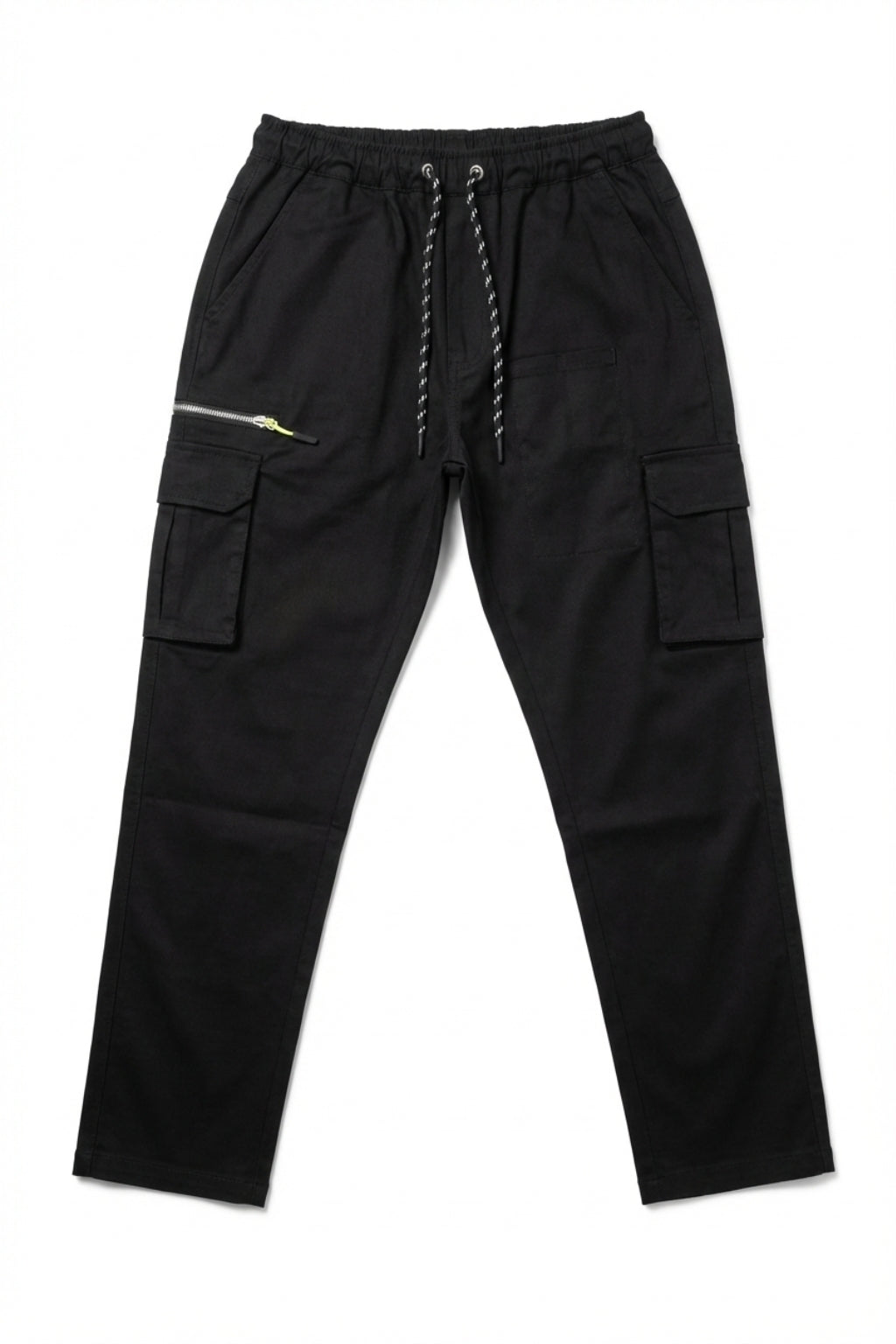 Flat lay of Eliteez Black utility cargo trousers with elastic waistband.