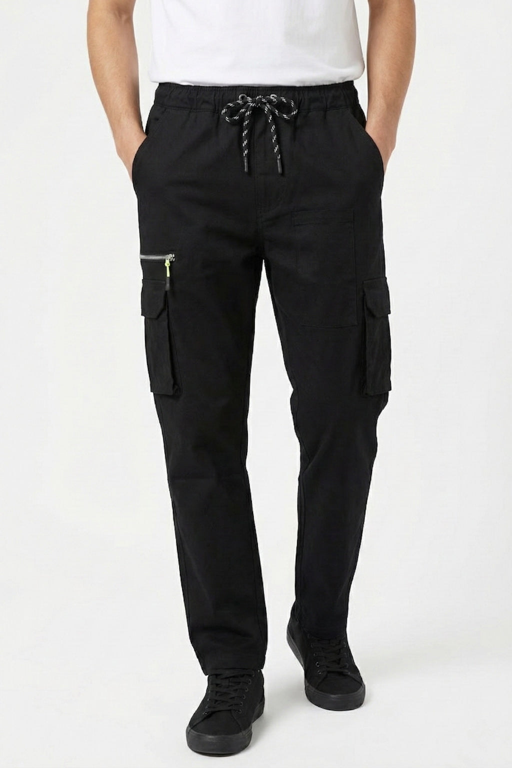 Eliteez Black stretch twill cargo pants on model, regular tapered fit.