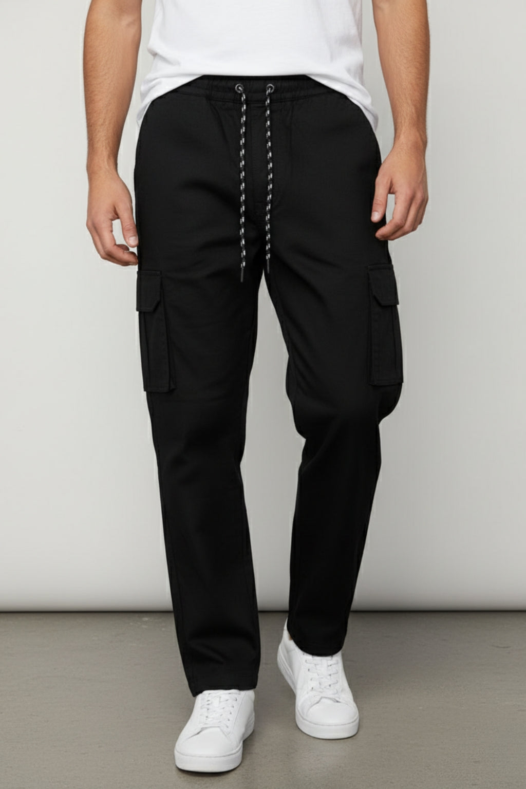 Eliteez Cargo Pant in Black, front view on model
