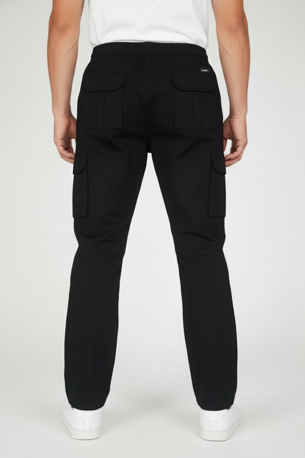 Eliteez Cargo Pant in Black, side view on model