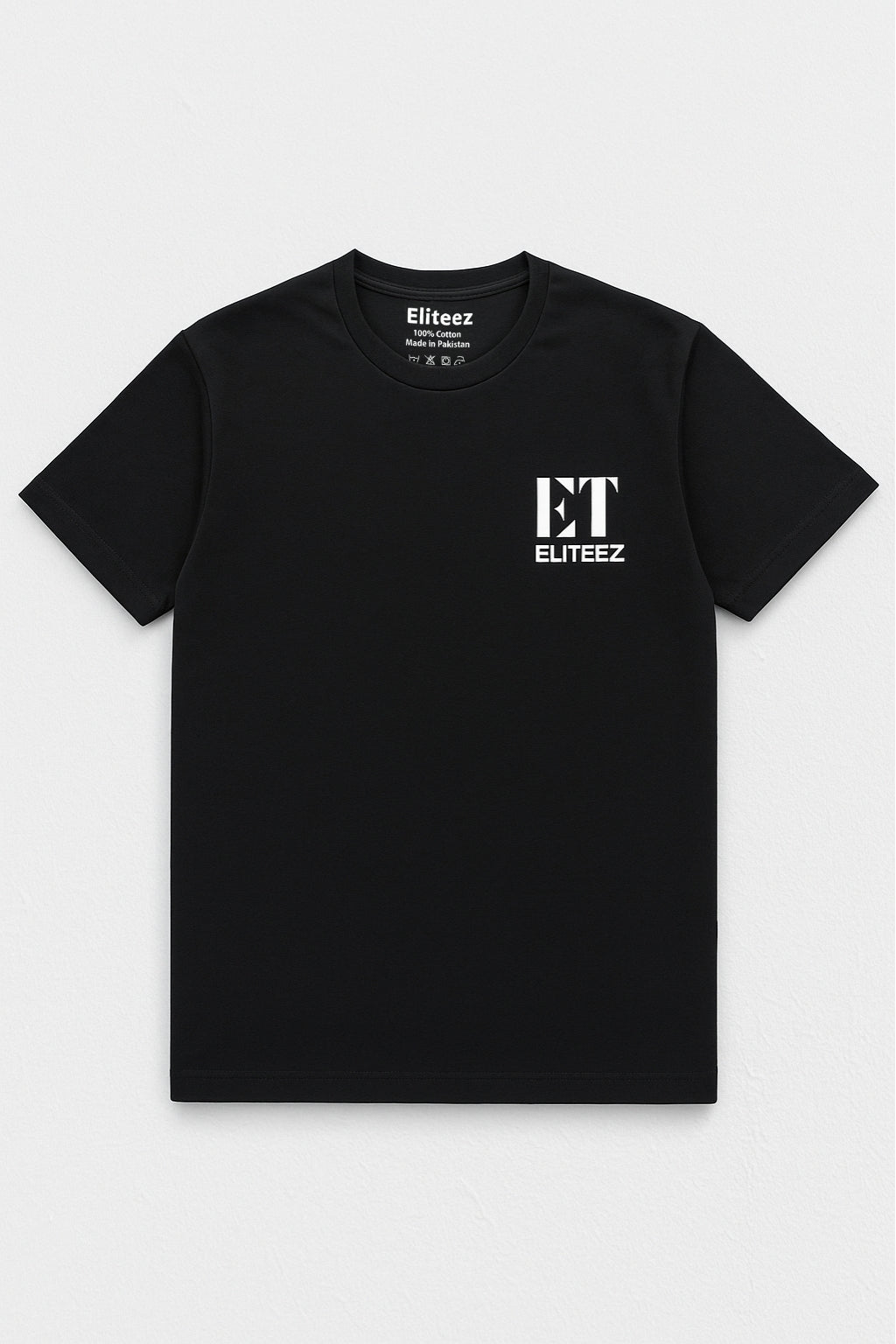 Close-up of ET chest logo on Eliteez Classic Cotton T-Shirt Black
