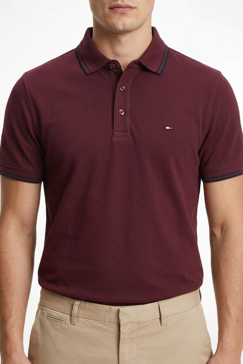 Eliteez Classic Piqué Polo in Burgundy, front view on model