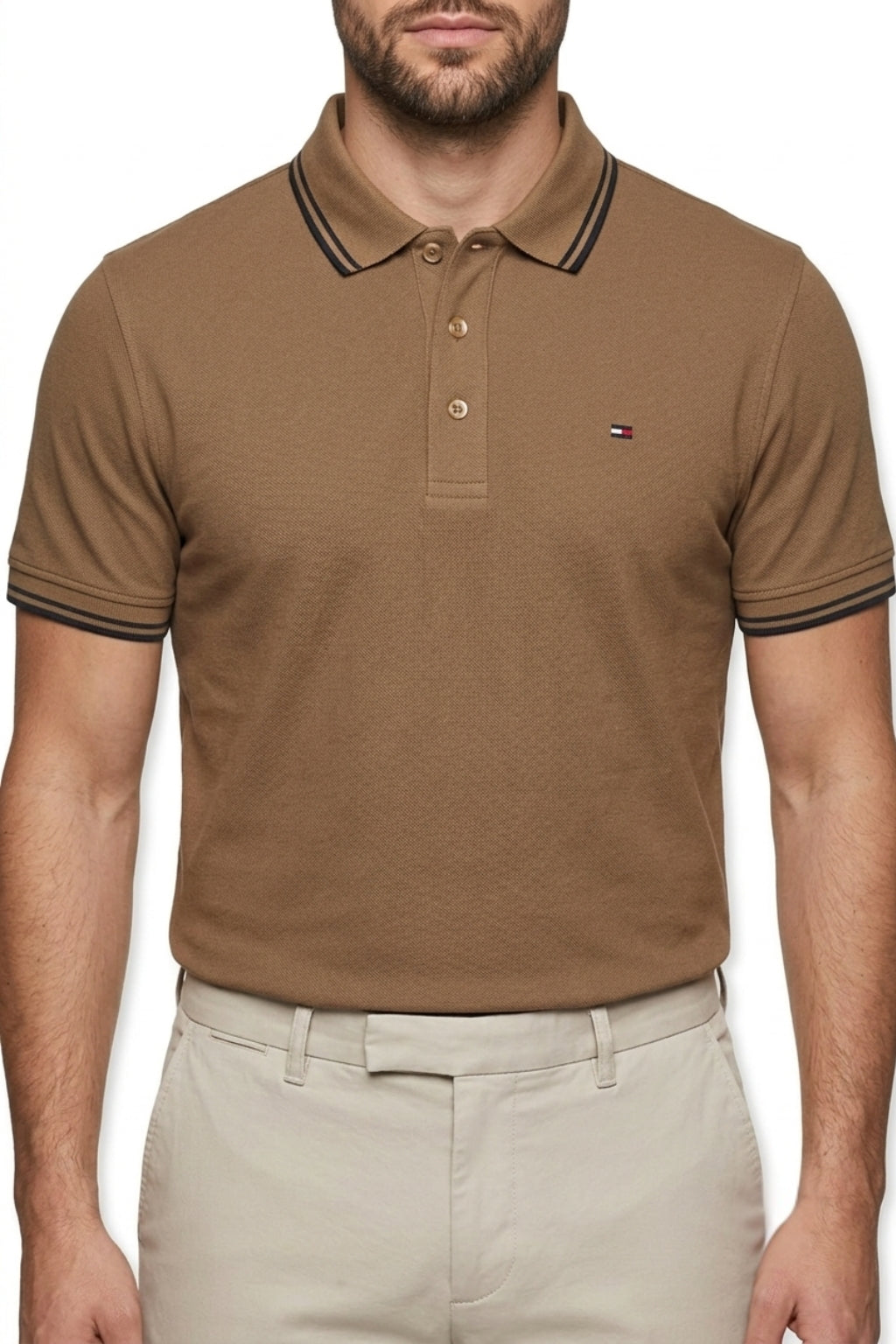 Male model wearing the Eliteez Classic Piqué Polo – Mocha for a smart-casual look.