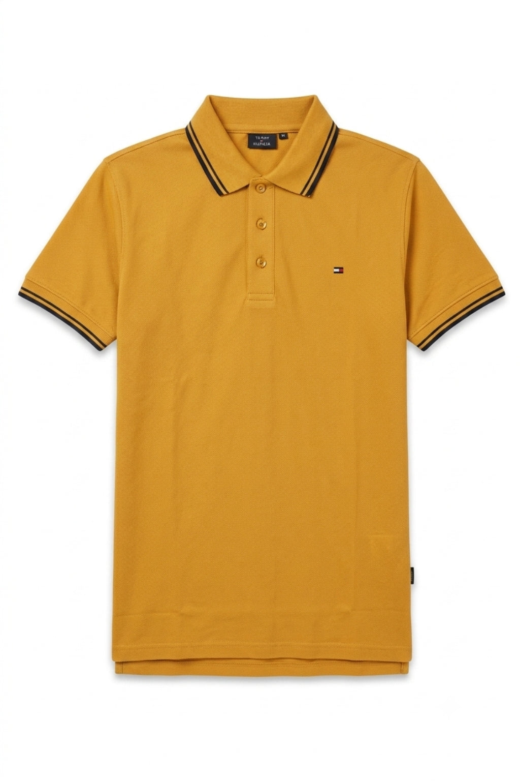 Front view of the Eliteez Classic Piqué Polo – Mustard featuring a classic collar.