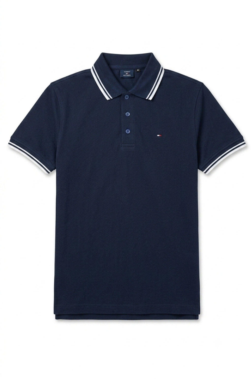 Front view of Eliteez Classic Piqué Polo in Navy Blue featuring a classic collar