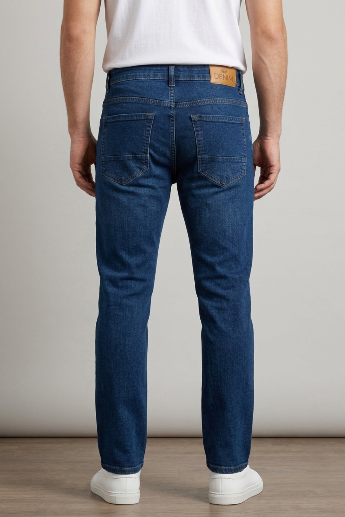 Model wearing Eliteez Classic Prime Dark Blue Denim Jeans, back view