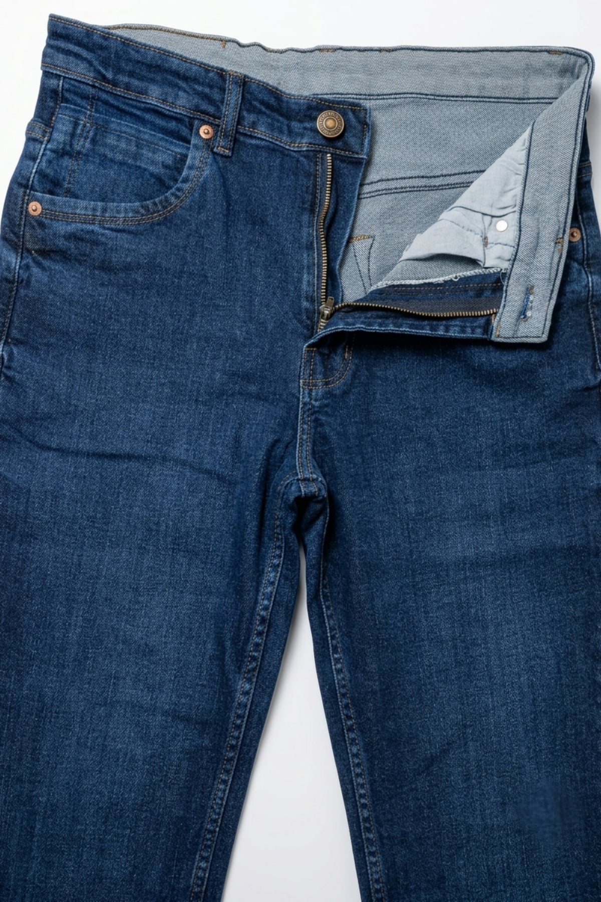 Close-up of front fly and fabric detail on Eliteez Prime Dark Blue Denim Jeans