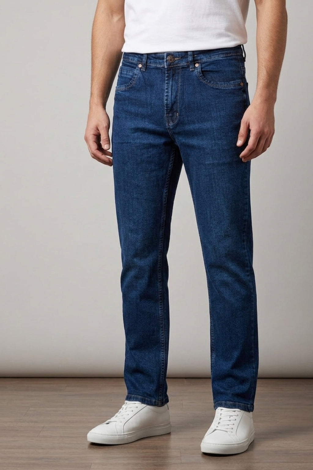 Model wearing Eliteez Classic Prime Dark Blue Denim Jeans, straight fit front view