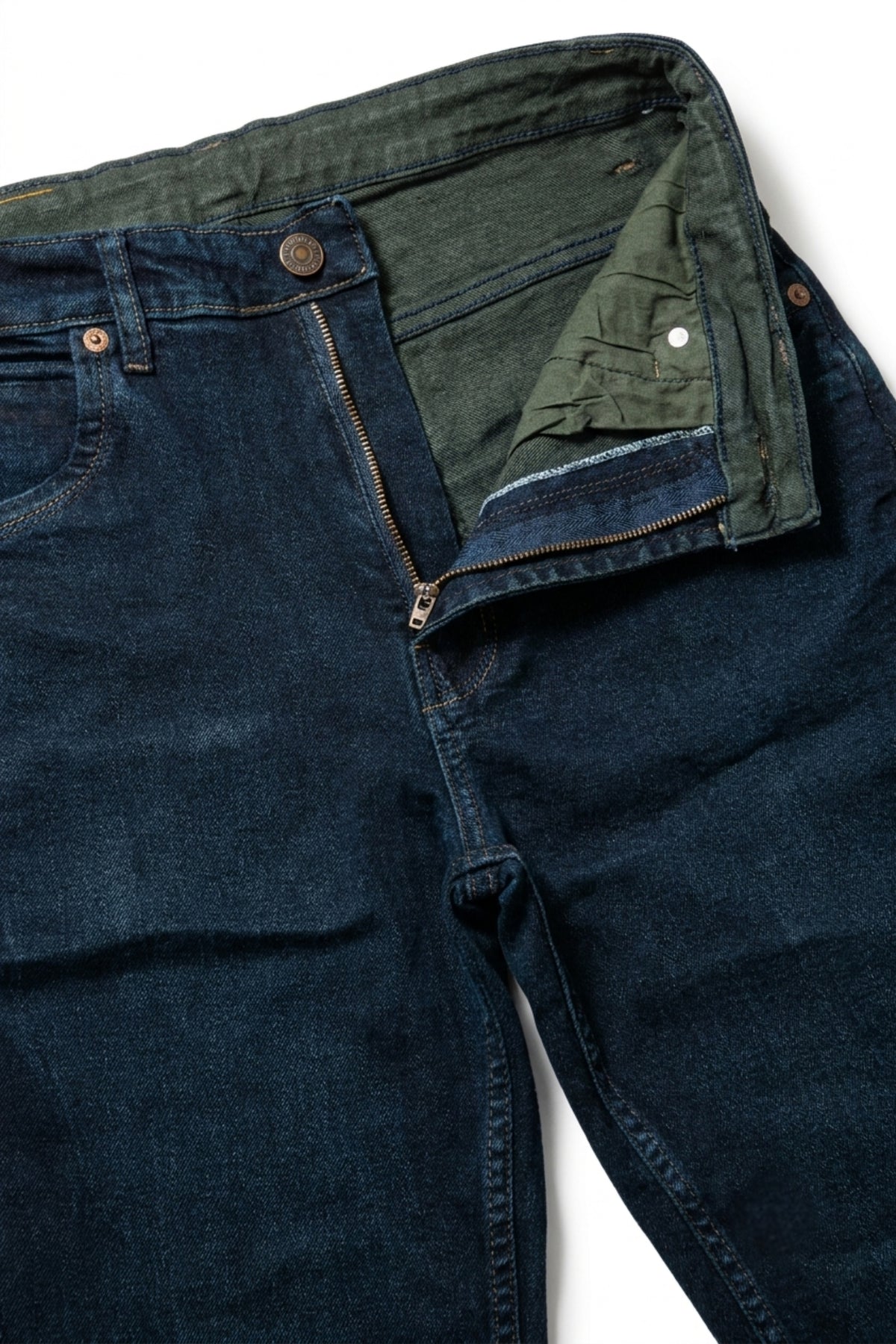 Close-up of front fly and fabric detail on Eliteez Prime Dark Indigo Denim Jeans