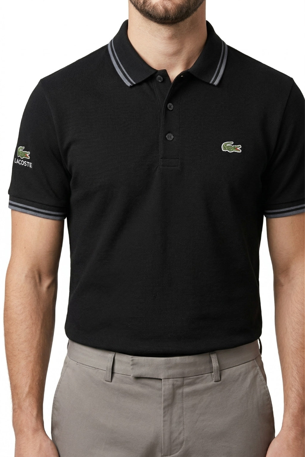Male model wearing the Eliteez Classic Stripe Collar Polo - Black for a smart-casual look.