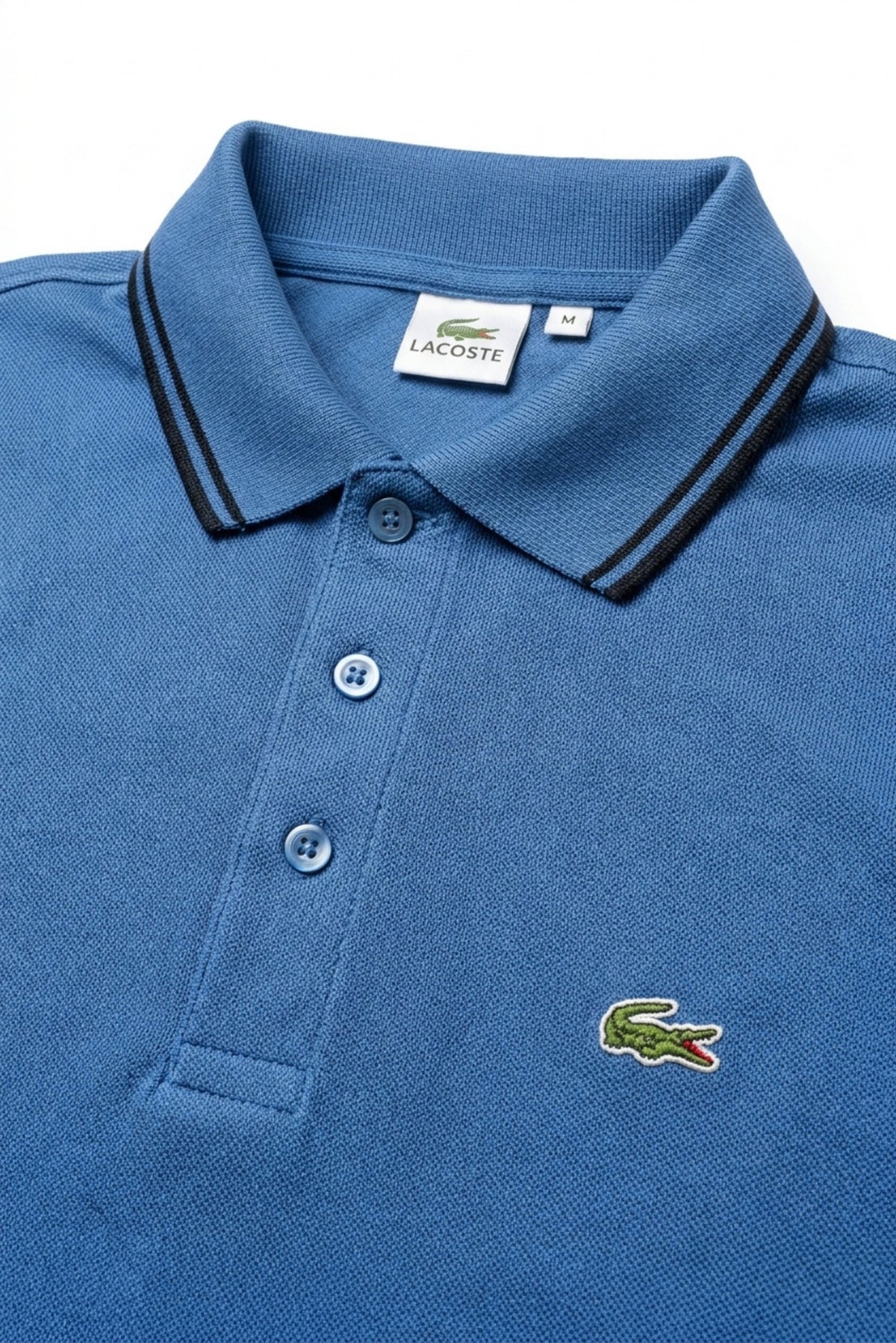 Close-up detail of Eliteez Classic Stripe Collar Polo Blue premium pique and embroidered logo