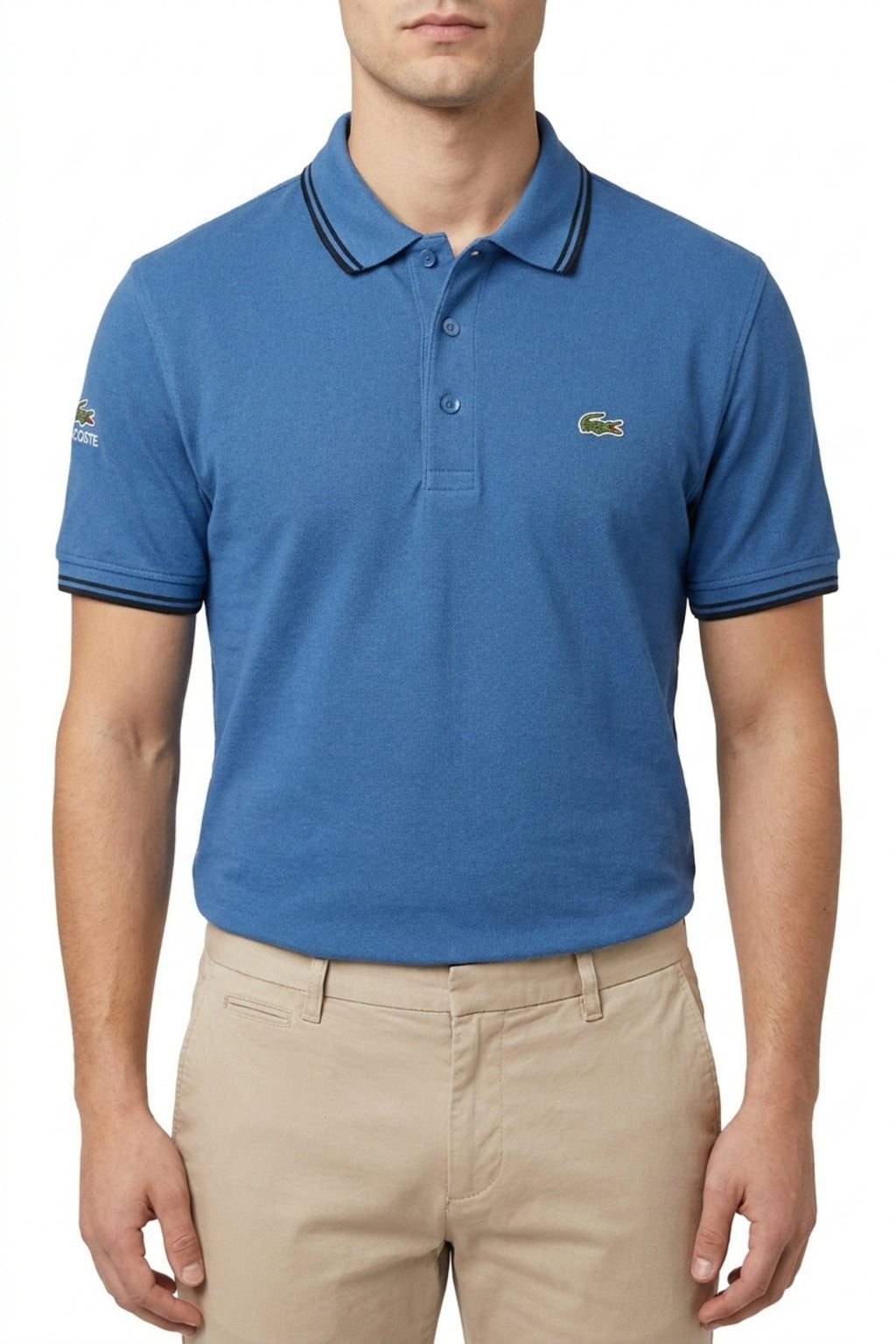 Eliteez Classic Stripe Collar Polo in Blue, front view on model