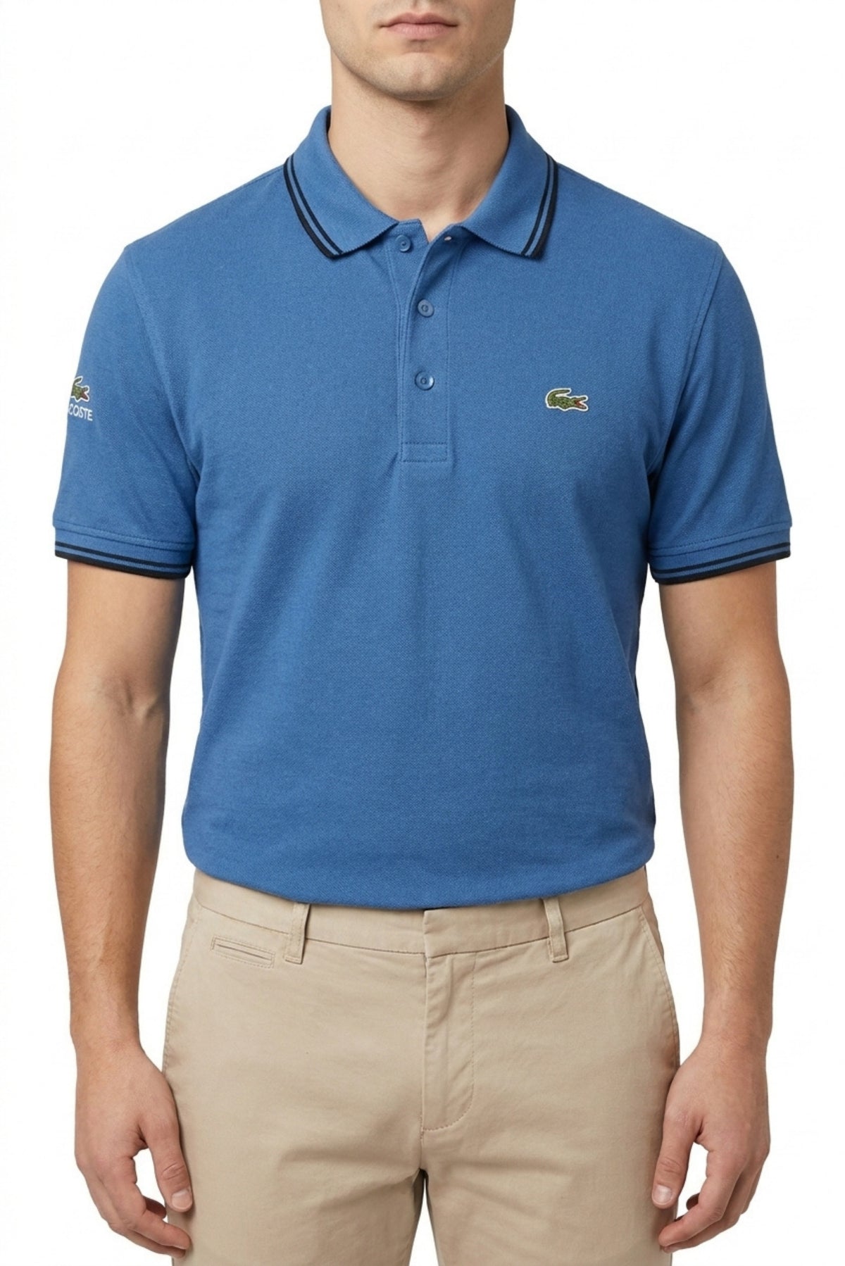 Eliteez Classic Stripe Collar Polo in Blue, front view on model