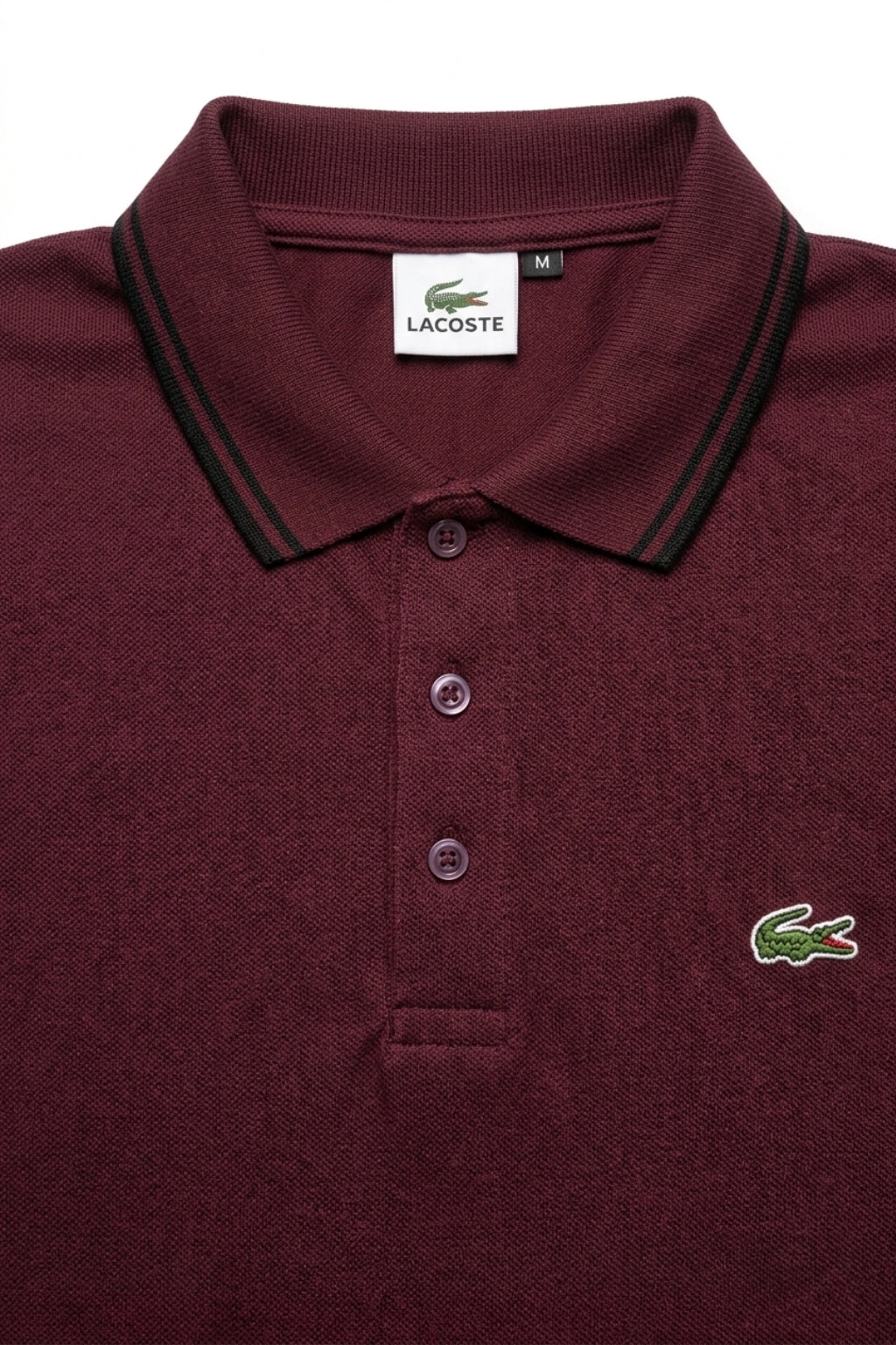 Close-up detail of Eliteez Classic Stripe Collar Polo - Burgundy premium pique and embroidered logo.