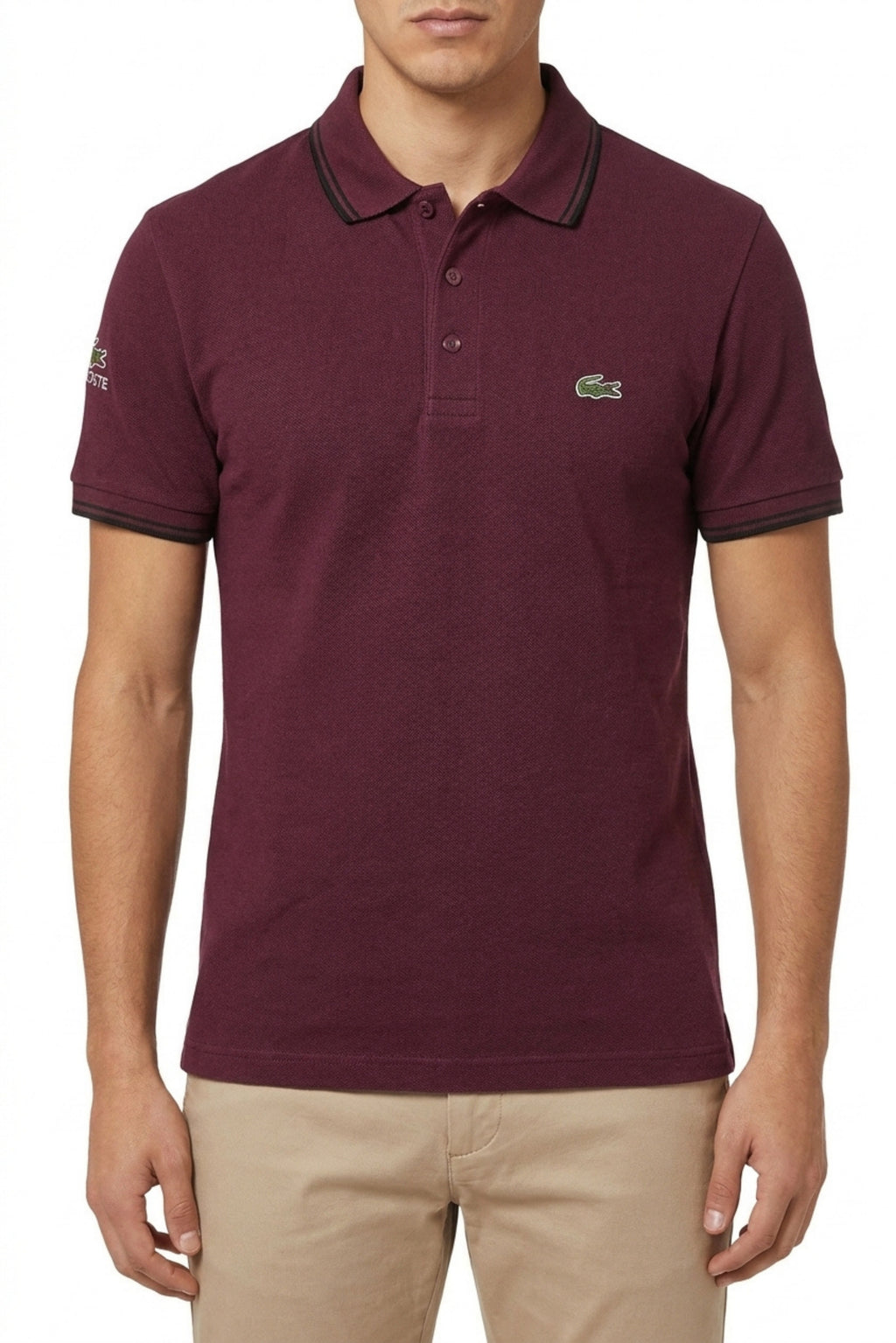 Eliteez Classic Stripe Collar Polo in Burgundy, front view on model