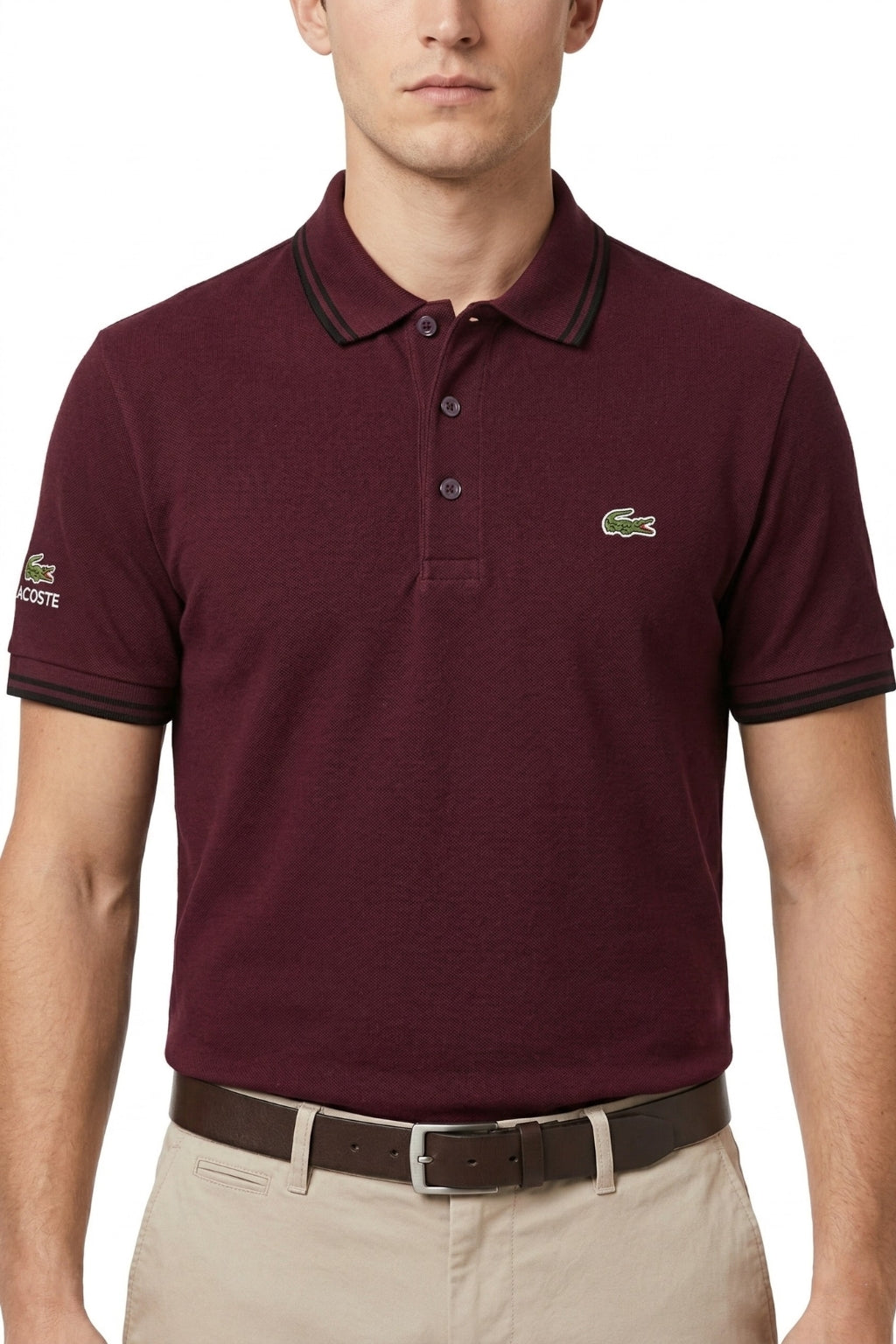 Male model wearing the Eliteez Classic Stripe Collar Polo - Burgundy for a smart-casual look.
