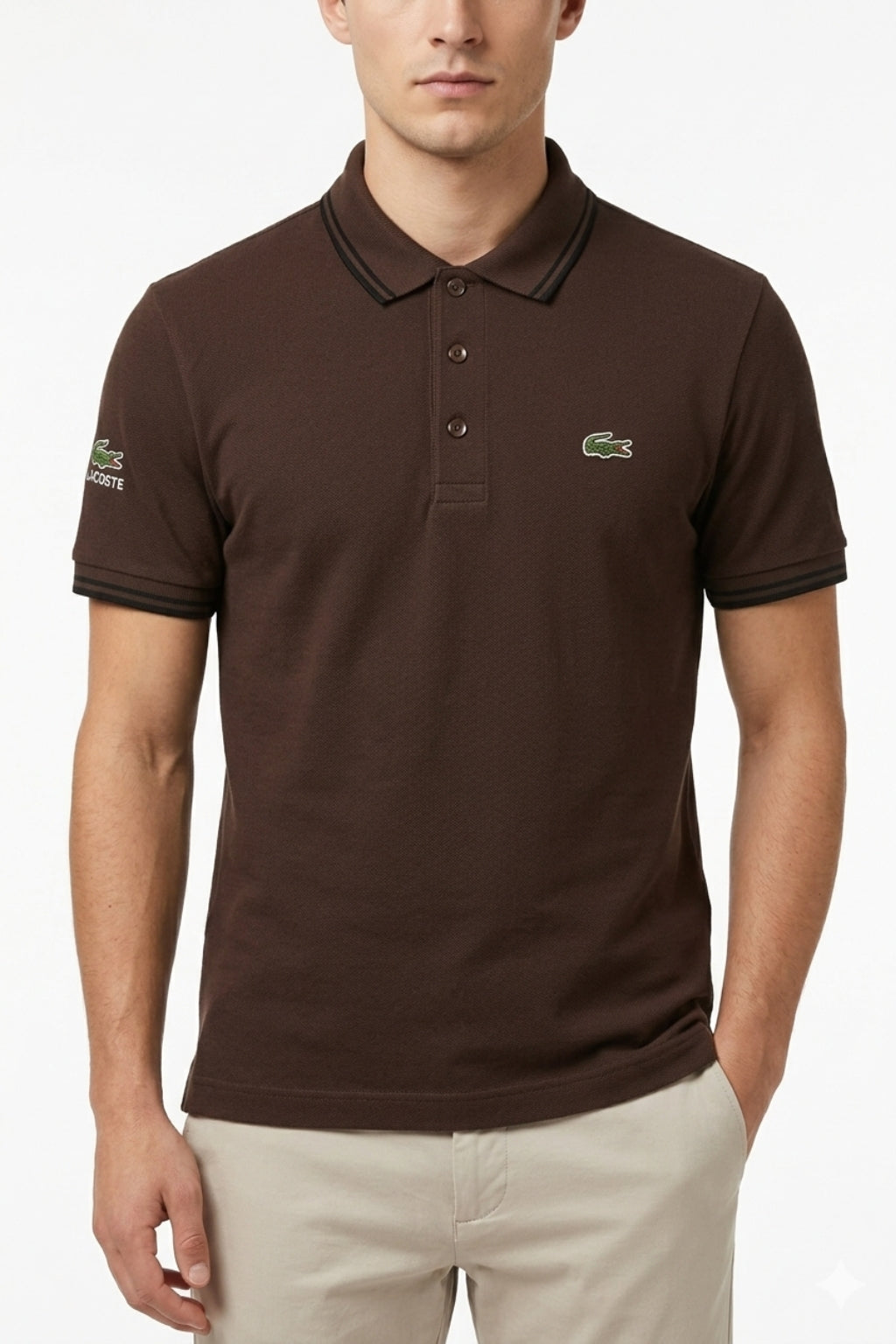 Male model wearing the Eliteez Classic Stripe Collar Polo - Coffee for a smart-casual look.