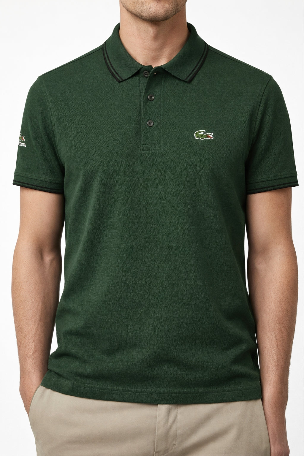 Male model wearing the Eliteez Classic Stripe Collar Polo - Forest Green for a smart-casual look.
