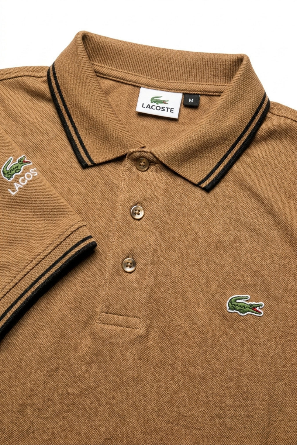 Close-up detail of Eliteez Classic Stripe Collar Polo Mocha premium pique and embroidered logo