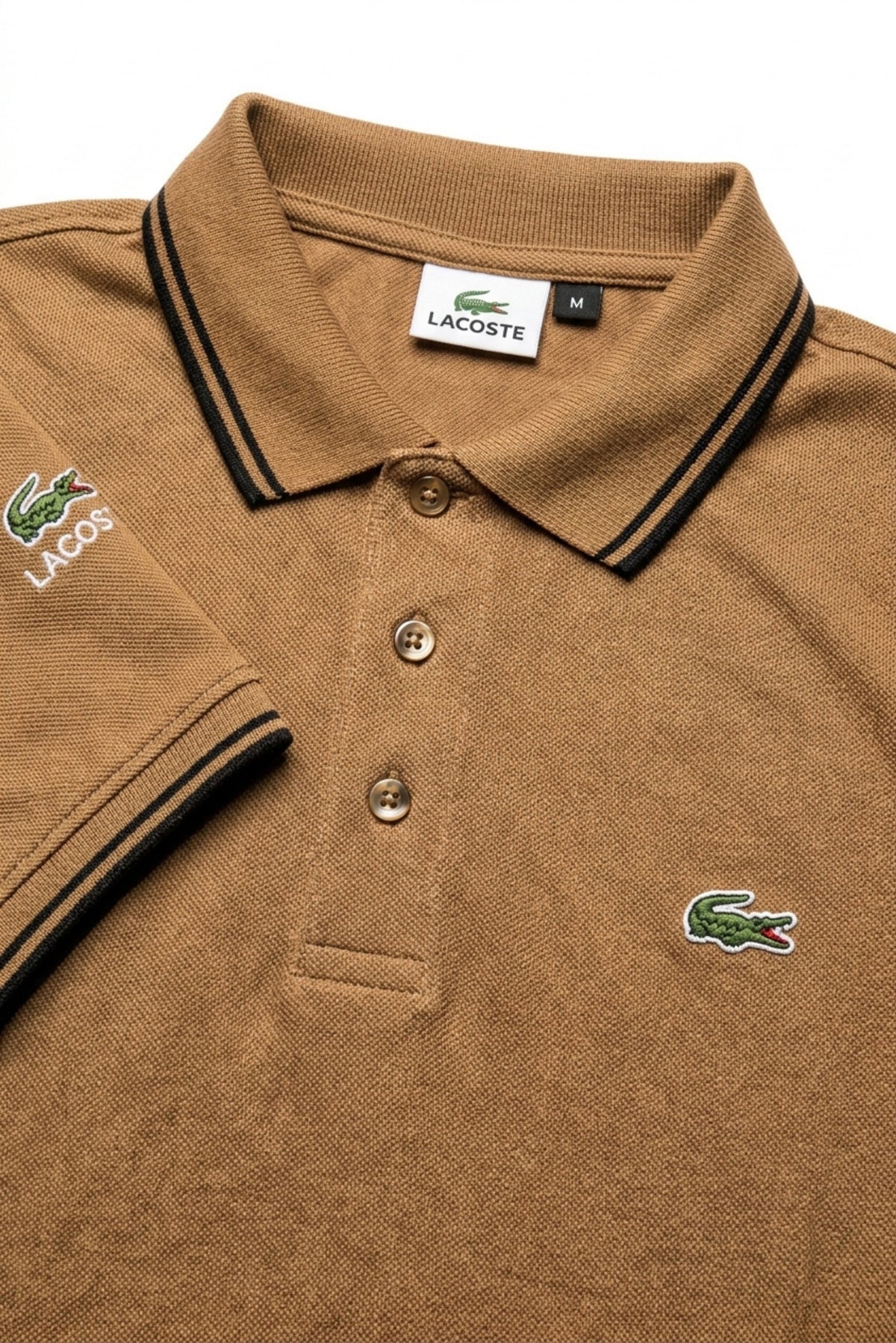 Close-up detail of Eliteez Classic Stripe Collar Polo Mocha premium pique and embroidered logo