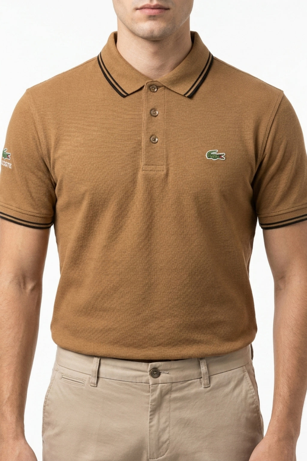 Eliteez Classic Stripe Collar Polo in Mocha, front view on model