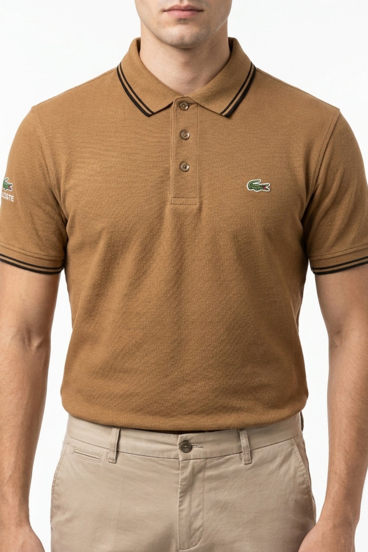 Eliteez Classic Stripe Collar Polo in Mocha, front view on model