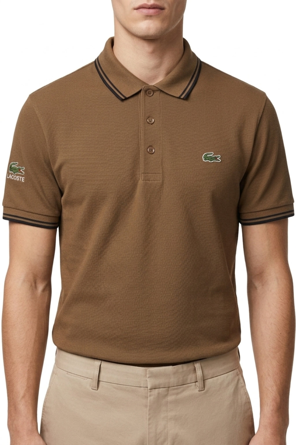 Male model wearing the Eliteez Classic Stripe Collar Polo - Mocha for a smart-casual look.