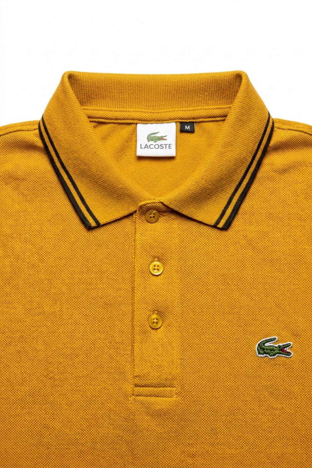 Close-up detail of Eliteez Classic Stripe Collar Polo Mustard premium pique and embroidered logo