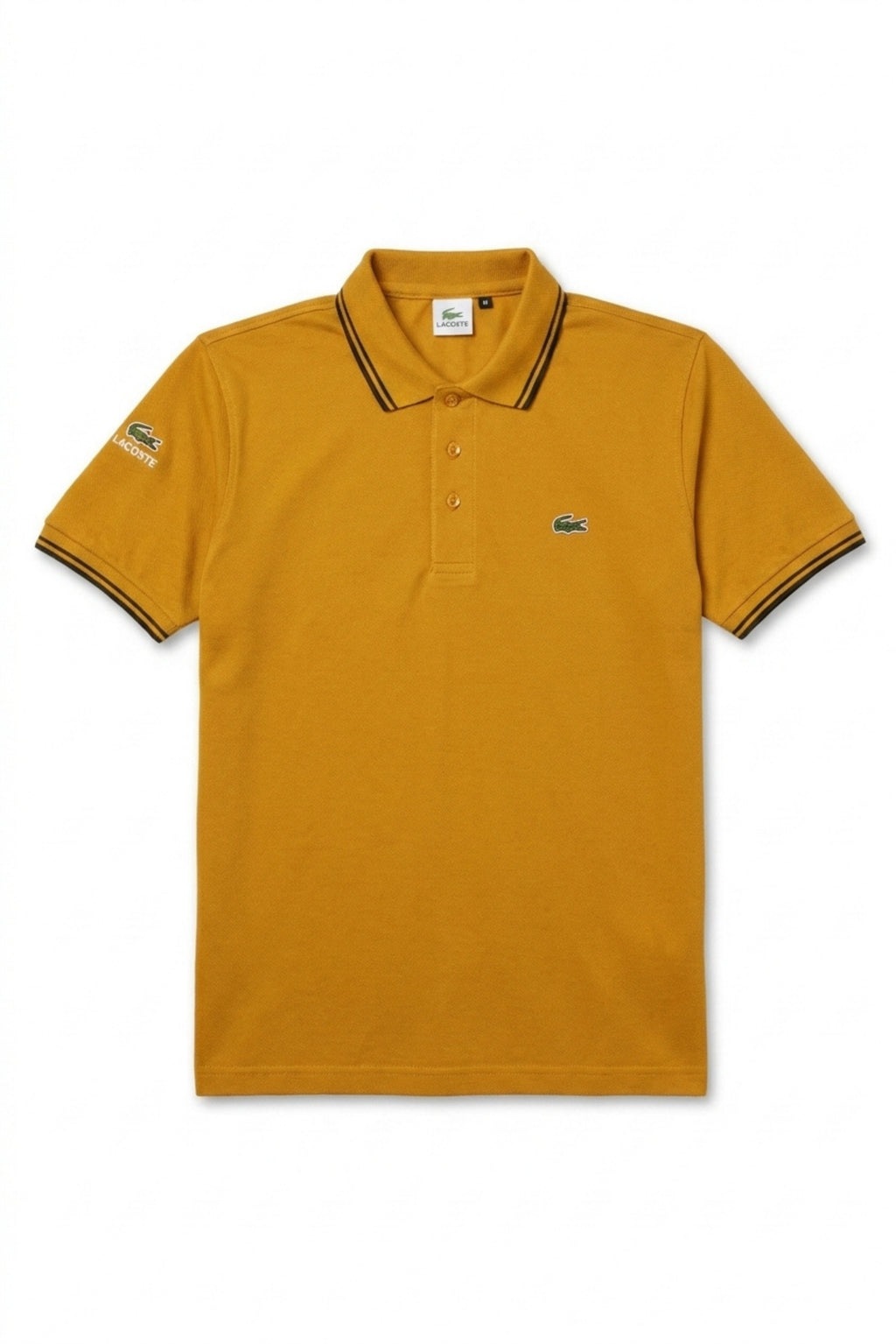 Front view of Eliteez Classic Stripe Collar Polo in Mustard featuring a classic collar