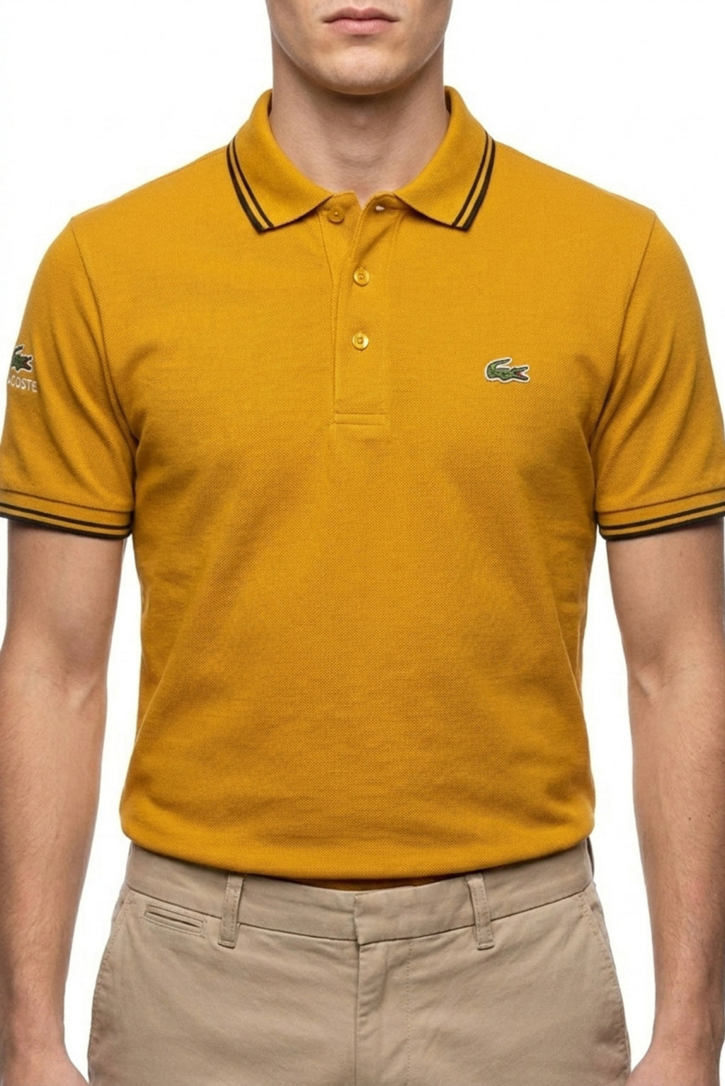 Eliteez Classic Stripe Collar Polo in Mustard, front view on model